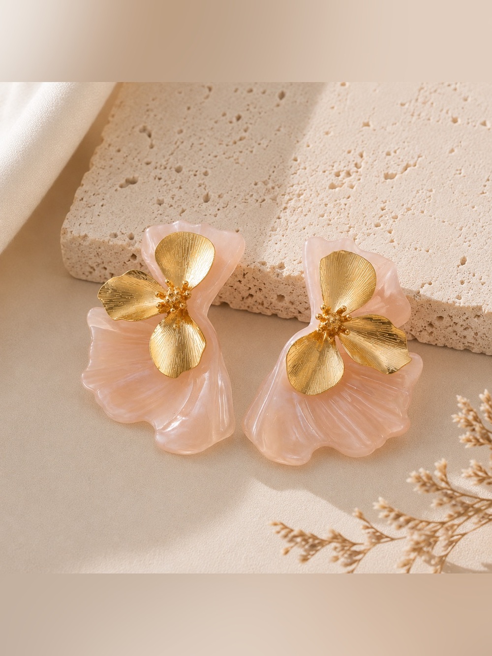 Blush Resin Flower Statement Earrings | 18K PVD Gold Plated Stainless Steel | - Picture 4 of 4